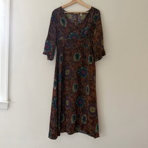 Vintage 90s 100% Silk Dress Chocolate Brown Floral Midi Surplice Size 8 Bohemian